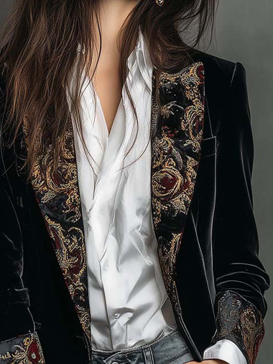 Camilla | Blazer ajustado negro con estampado barroco