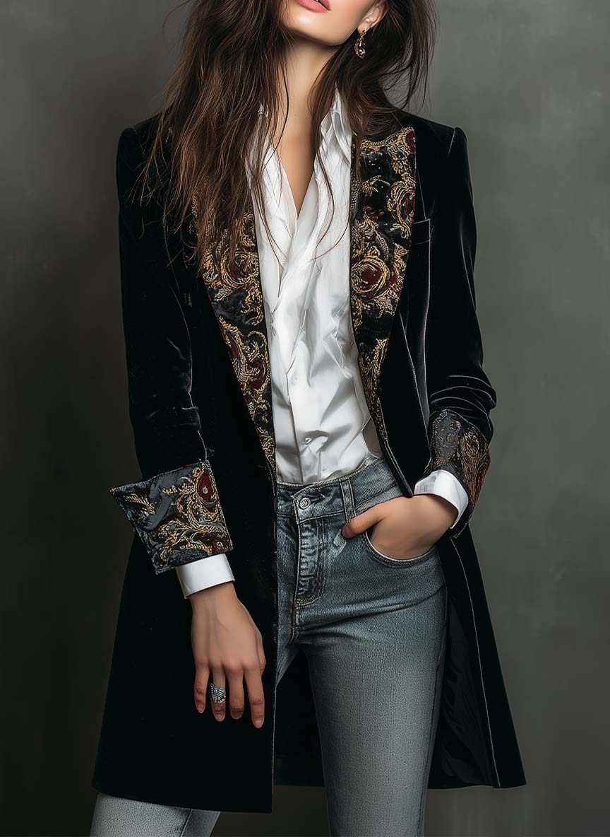 Camilla | Blazer ajustado negro con estampado barroco